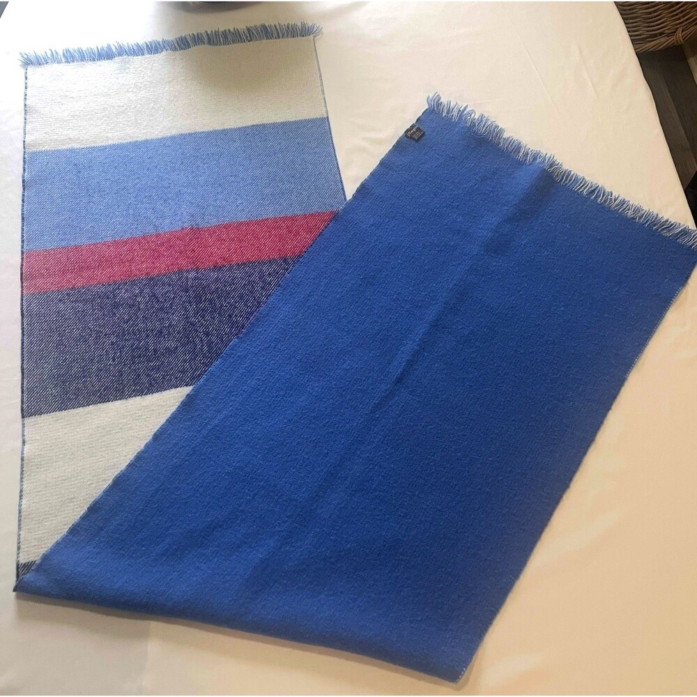 J McLaughlin Wool Scarf Wrap Blue Striped Fringe 19x71 Soft Classic